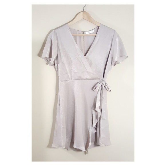 Lush Dresses & Skirts - LUSH // Taupe Satin Faux Wrap Mini Dress